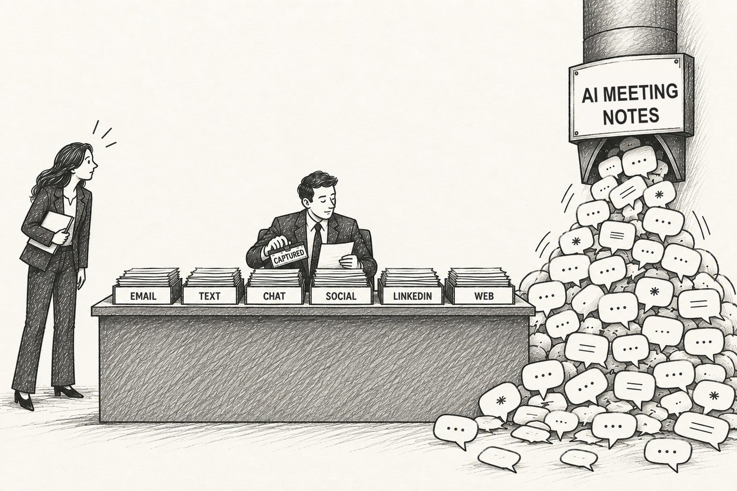 Illustration: a compliance officer stamps folders labeled Email, Text, Chat, Social, LinkedIn, and Web as Captured, while speech bubbles pour from a pipe beneath a sign reading AI Meeting Notes. A colleague looks on.