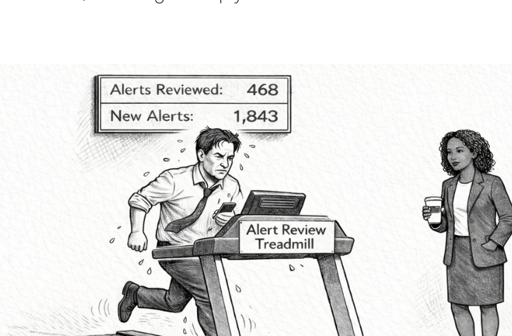 Illustration: a compliance reviewer running on an Alert Review Treadmill showing 468 alerts reviewed and 1,843 new alerts queued, while a colleague watches with coffee in hand.