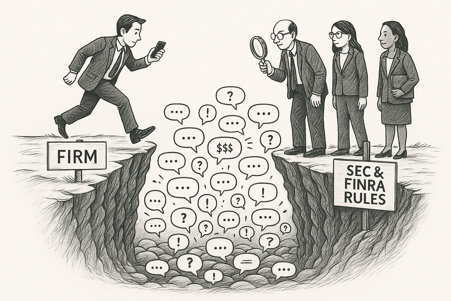 Sketch illustration: an advisor mid-stride leaping across a chasm from a ledge labeled 'FIRM' toward a cliff labeled 'SEC & FINRA RULES' where three compliance professionals wait with magnifying glasses. The gap is filled with chat bubbles, question marks, and dollar signs.