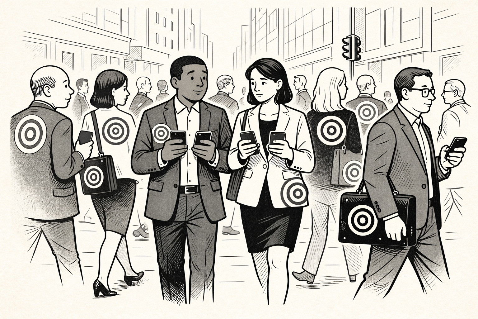 Sketch illustration: business professionals walking through a city street, each looking at their phones, with bullseye targets visible on their bags, backs, and clothing. The crowd suggests everyone is a moving target in a connected business environment.